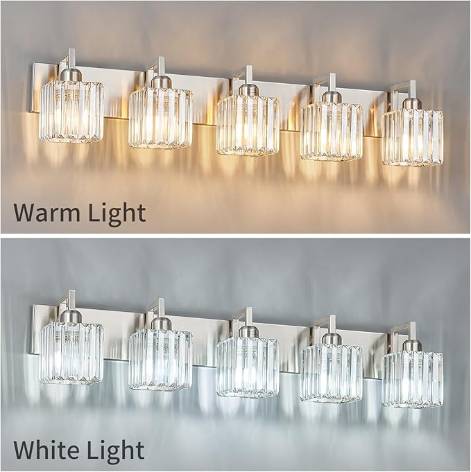 Modern Bathroom Vanity Light 5-Lights Brushed Nickel Vanity Light Crystal Wall - Image 4
