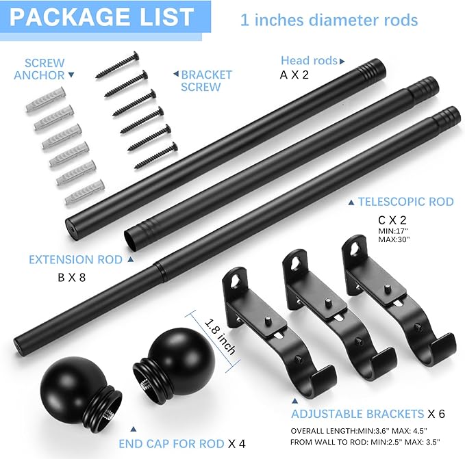 Curtain Rods for Windows 16 to 92 Inches, Curtain Rod Max Adjustable Length of - Image 3