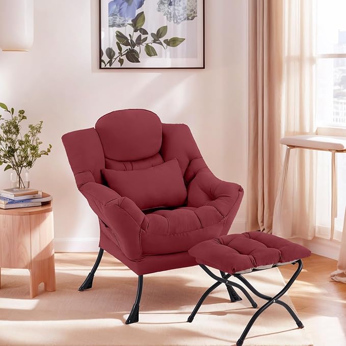 Lazy Chair with Ottoman, Comfy Fabric Accent Lounge Armchair with Lumbar Pillow - Image 5