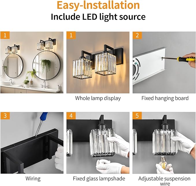 Modern Bathroom Vanity Light 2-Lights Black Crystal Bathroom Wall Light Vanity - Image 7