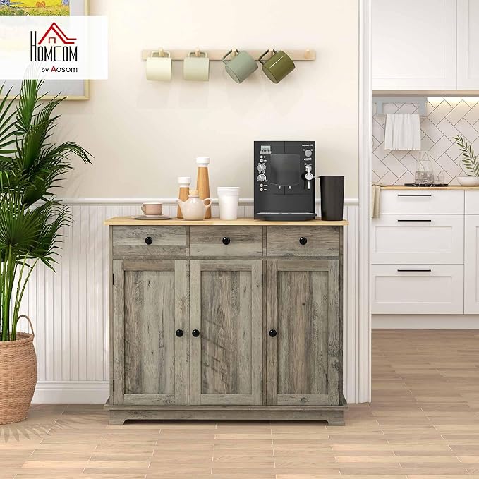 HOMCOM Sideboard with Solid Wood Countertop, Modern Kitchen Storage Cabinet - Image 2