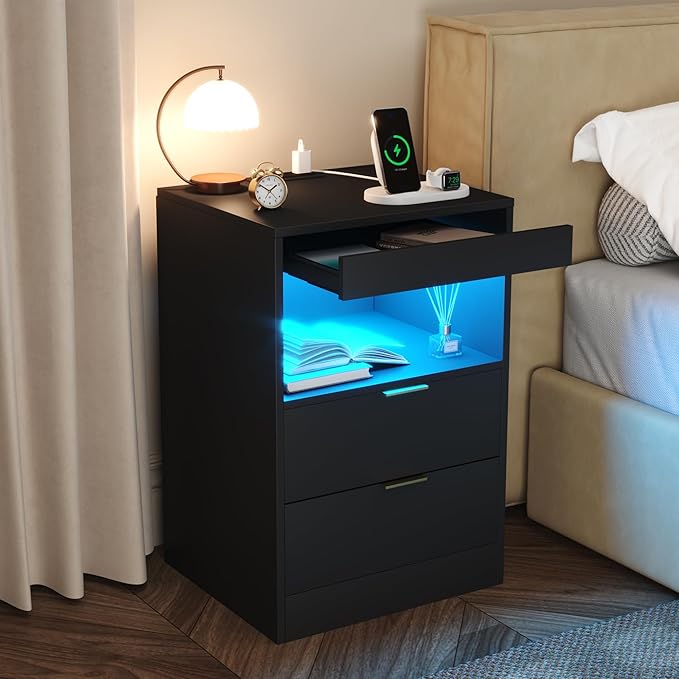 Gadroad LED Nightstand with Charging Station, Bedside Table with 3 Drawers and - Image 8