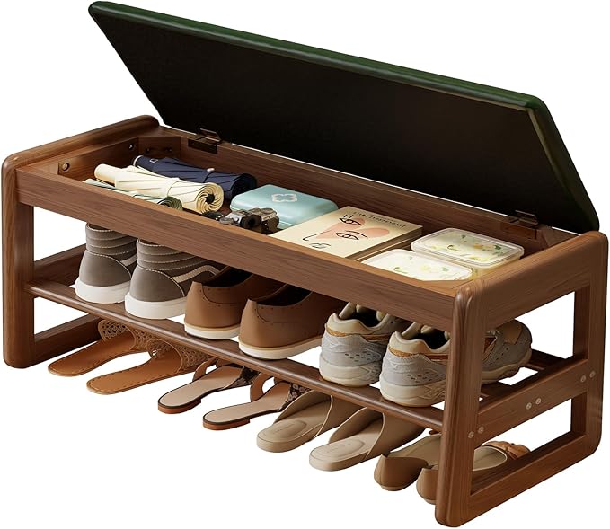 Shoe Rack Bench with Leather Cushion, 2 Tiers Shoe Bench with Flip-Top Storage by AQIMUELE-Solidwoodfurniture