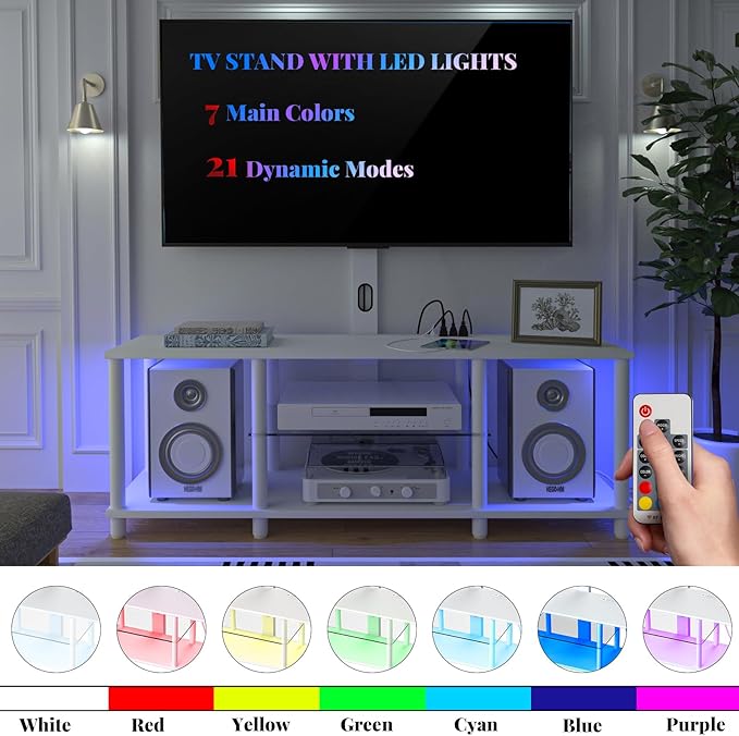 TV Stand with Mount and Led Light，White TV Stand with Power Outlets - Image 3