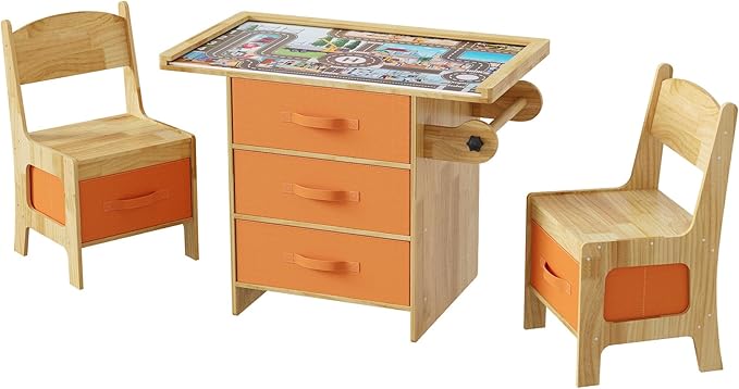 Pine Wood Kids Table and Chair Set 3 in 1 Wooden Toddler Table - Image 8
