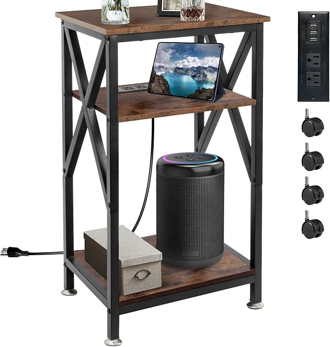 TooCust 3 Tier End Table with Charging Station, Metal and Brown Bedside Table - Image 9