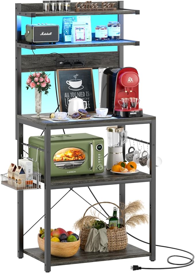 Aheaplus Bakers Rack with Power Outlet, Microwave Stand, 5 Tiers Coffee Bar by Aheaplus