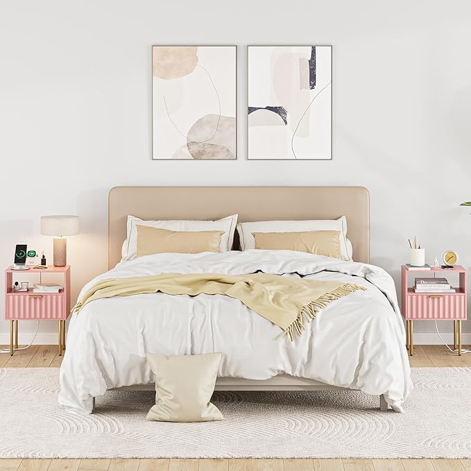 Masupu Nightstand with Charging Station, Mid-Century Modern Bedside Table with - Image 6