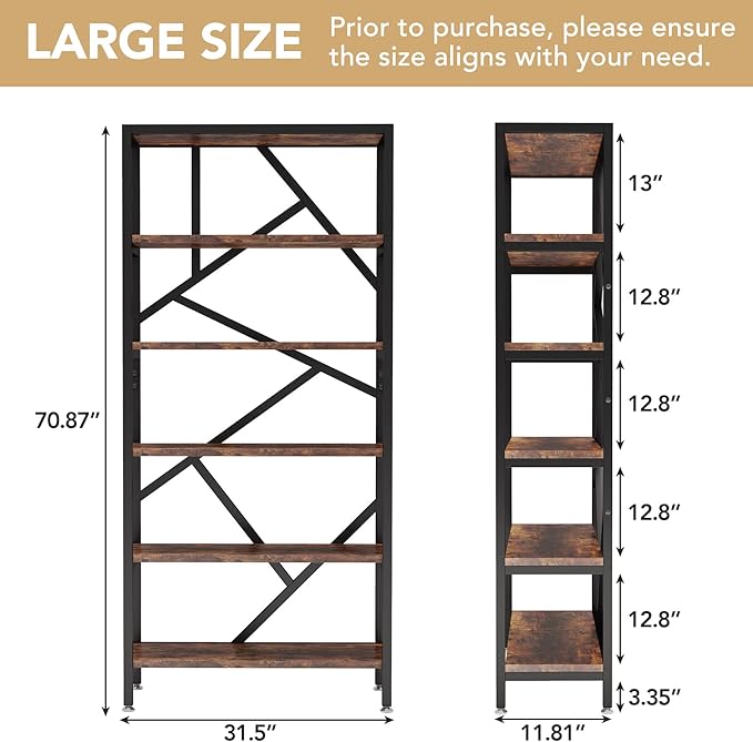 Tribesigns 71 Inch Industrial Bookshelf, 6 Shelf Etagere Bookcase, Free - Image 2