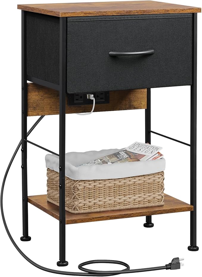 WLIVE Nightstand with Charging Station, Night Stand with 1 Fabric Drawer and by WLIVE