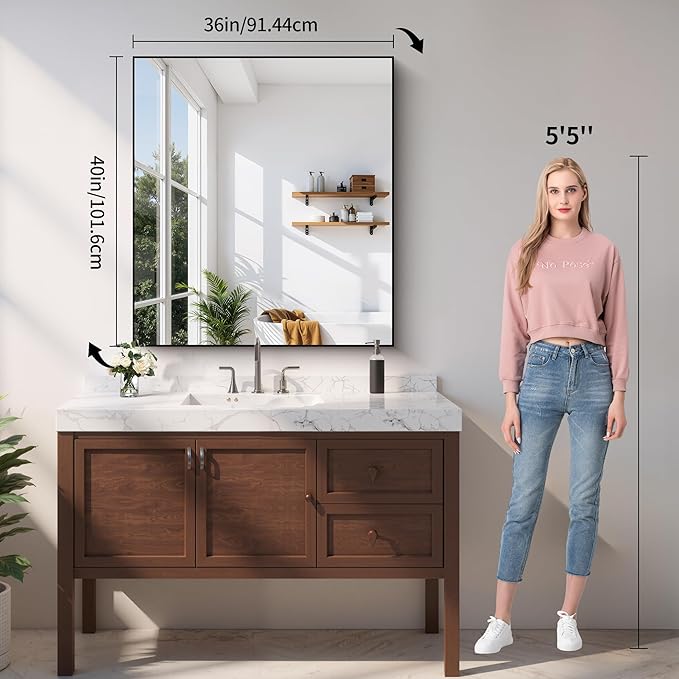 YIROMAN Bathroom Mirror for Wall 36"x40", Large Matte Black Bathroom Mirror - Image 2