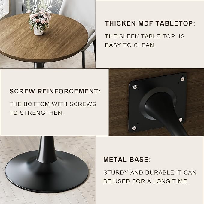 24" Small Tulip Table for 2 Person, Walnut Wood Round Dining Table for Kitchen - Image 3