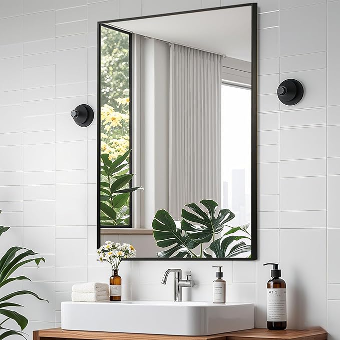 Matte Black Mirror, 24x32 Inch Aluminum Framed Rectangle Mirror, Tempered Glass by CLBA