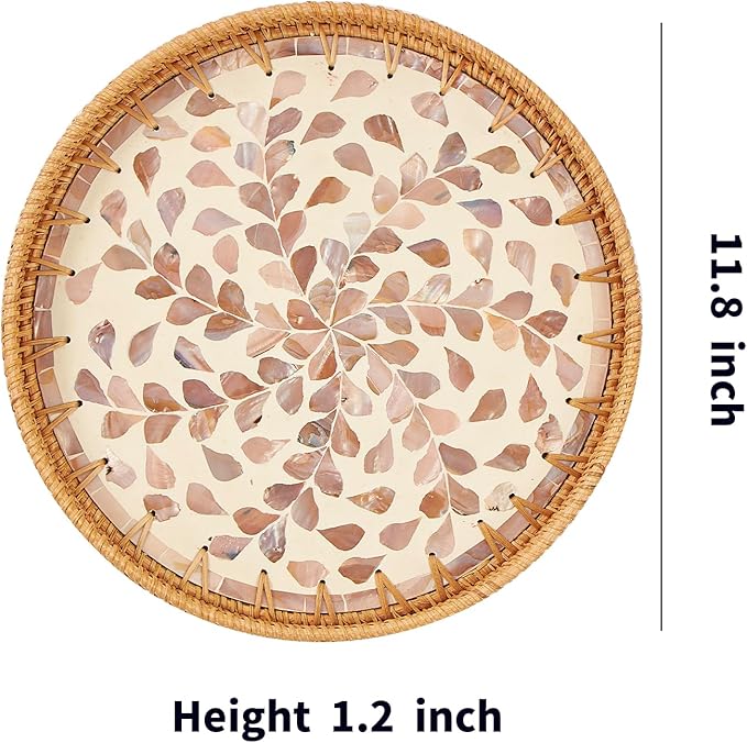 Round Rattan Tray with Mother of Pearl Inlay, Rattan Serving Tray with Wooden - Image 6