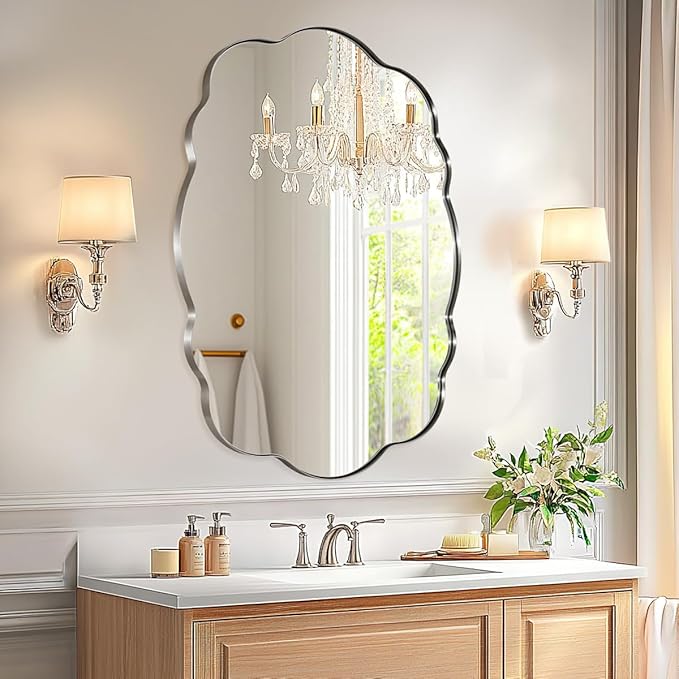 ANDY STAR Brushed Nickel Bathroom Mirror, 24x32 Inch Silver Asymmetrical Wall by ANDYSTAR