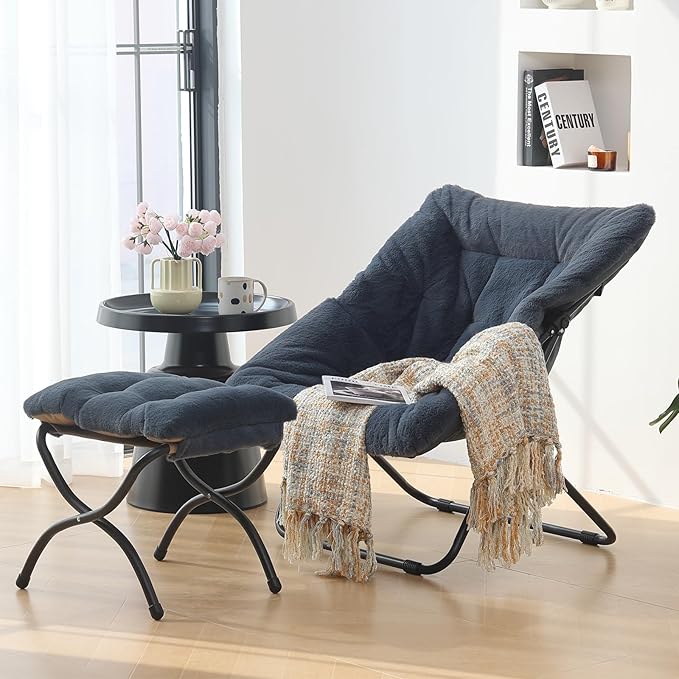 Saucer Chair with Ottoman, Comfy Doorm Chairs, Oversized Folding Faux Fur Chair - Image 2
