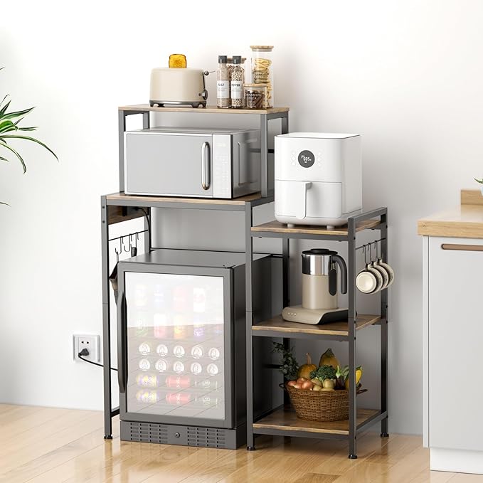 Mini Fridge Cabinet with Storage Shelves, Microwave Stand with Power Outlet - Image 5