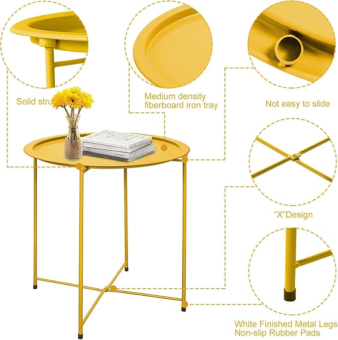 Garden 4 you End Table 2 PCS Metal Side Table Yellow Round Folding Tray Cyan - Image 5