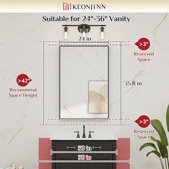 Keonjinn 24 x 36 In Brushed Nickel Bathroom Mirror, Rectangular Metal Framed - Image 5