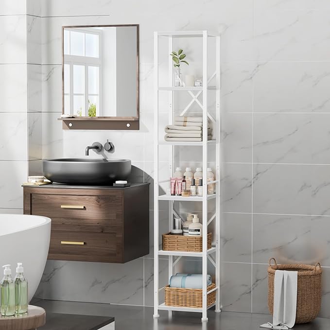 Furologee White Bookshelf 6 Tier Tall Narrow Bookcase, Modern Display Standing - Image 8
