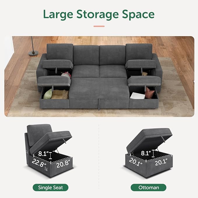 HONBAY Modular Sectional Sleeper Sofa Bed, Corduroy Pull Out Couch - Image 4