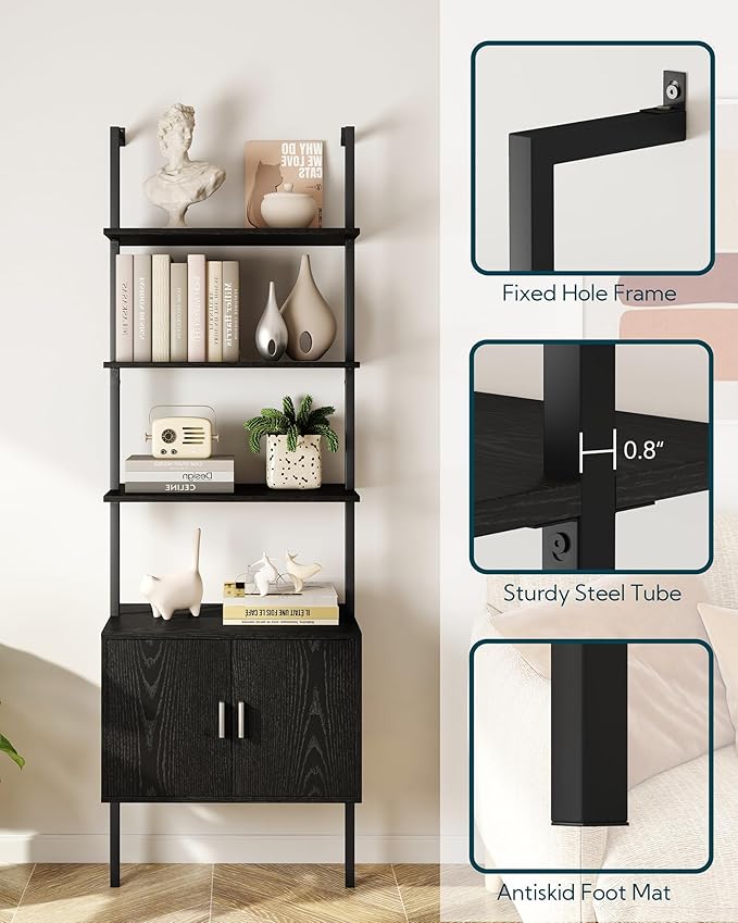 Yusong 73" Tall Bookshelf with Cabinet, Industrial Ladder Wall Mount Shelf - Image 5