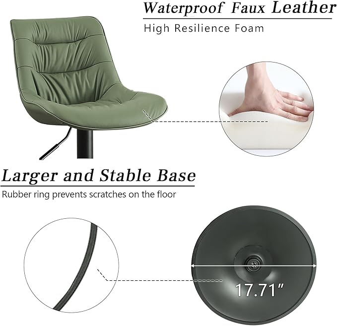 Kidol & Shellder Bar Stools Set of 2 Adjustable Swivel Green, PU Leather - Image 7