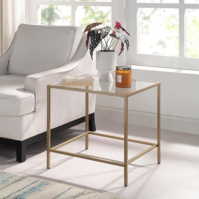 CAWS Gold End Table, Tempered Glass Rectangle Side Table by CAWS