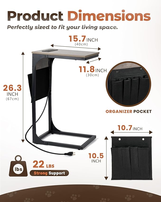 C Shaped End Table with Charging Station, Couch Side Table with Storage Pocket - Image 2