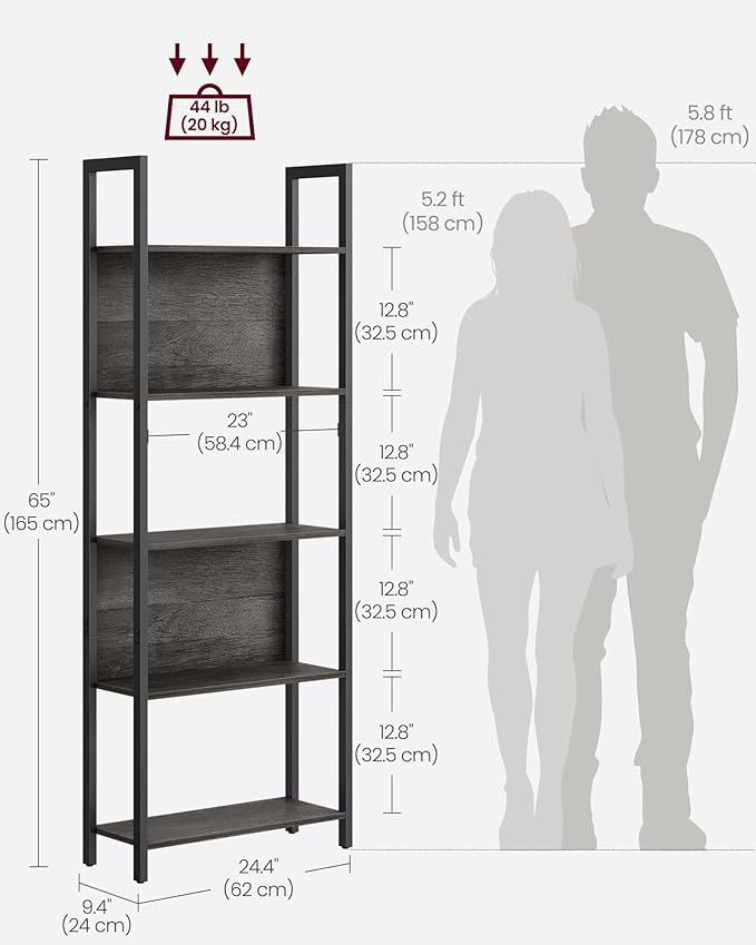 VASAGLE 5-Tier Bookshelf, Book Shelf, Industrial Bookcase, - Image 3