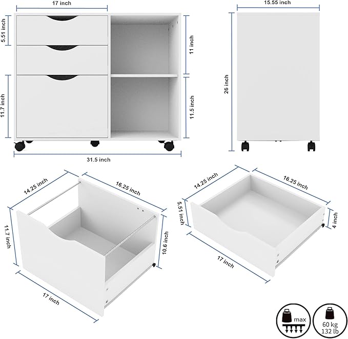QDSSDECO 3-Drawer with Shelf Wood File Cabinet Mobile Lateral Filing Cabinet - Image 3