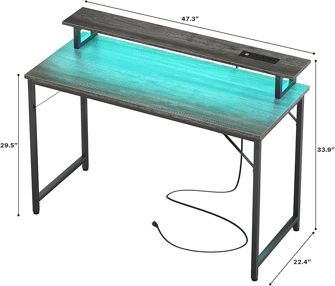 Computer Desk with USB Power Outlets and LED Lights, 47 inch Gaming Desk with - Image 3