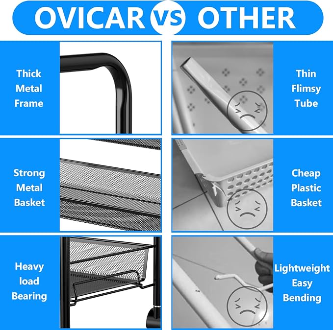 OVICAR Mesh Wire 3 Tier Rolling Cart, Kitchen Storage Utility Cart, Full Metal - Image 7