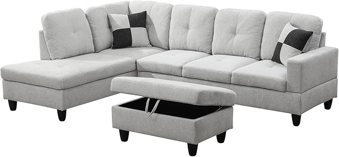L Shaped Couch Modern Sectional Couch Upholstered Flannel Fabric 3 Pieces Sofas - Image 3