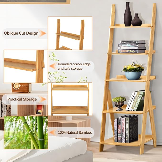 DOUSY- 5-Tier Bamboo Ladder Shelf Ladder Bookshelf Plant & Flower Stand Bookcase - Image 3