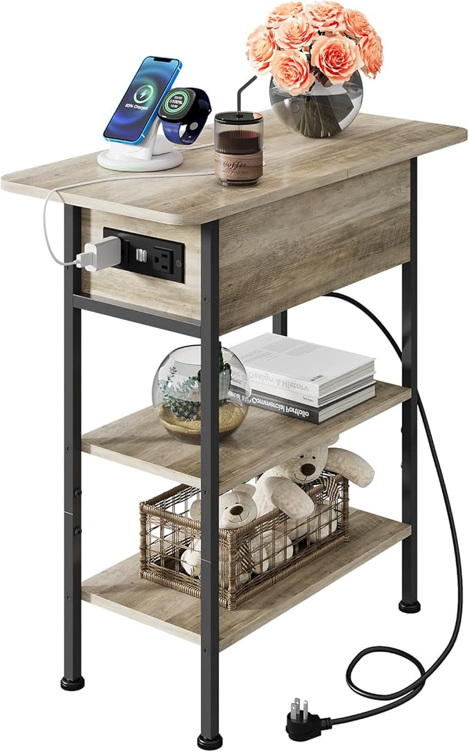 WLIVE End Table with Charging Station, Flip Top Side Table with Storage Shelf by WLIVE