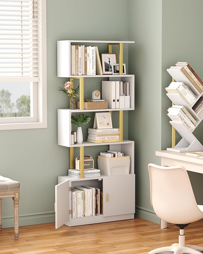 Yusong Geometric Bookcase with Cabinet, S Shaped Bookshelf 5-Tier Book Shelves - Image 2