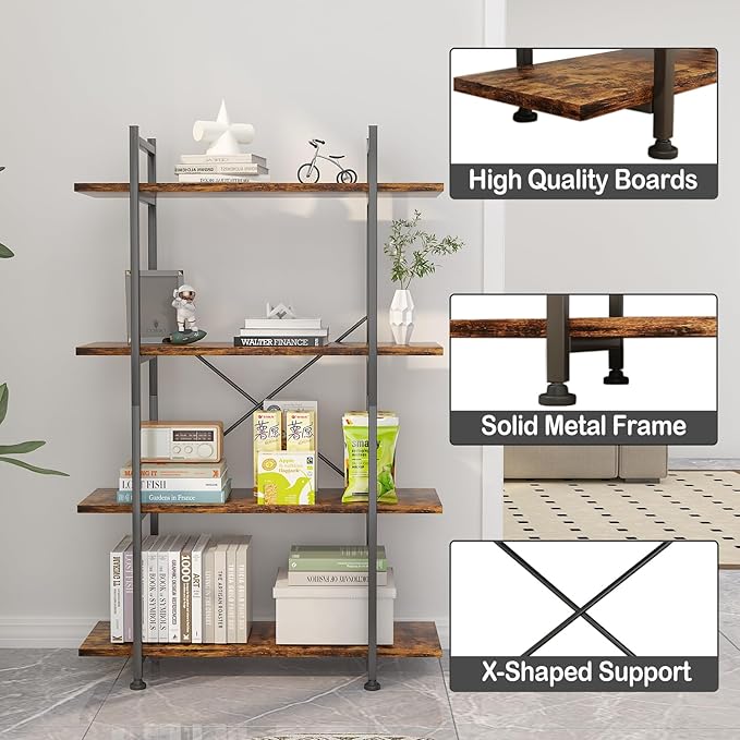 4 Tiers Bookshelf Rustic Brown Wooden Storage Shelf, Industrial Shelf Book - Image 4