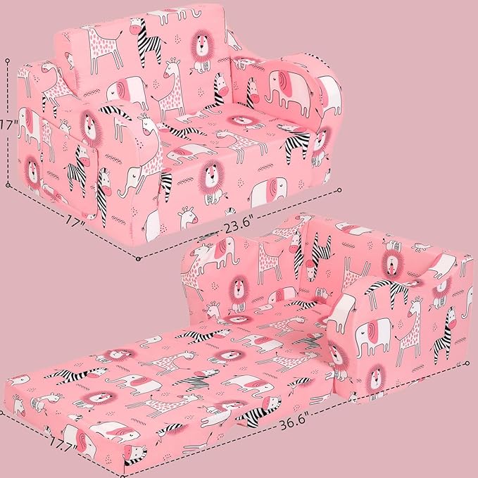 Pink Kids Sofa, 2-in-1 Kids Couch Fold Out, Convertible Sofa to Bed - Image 3