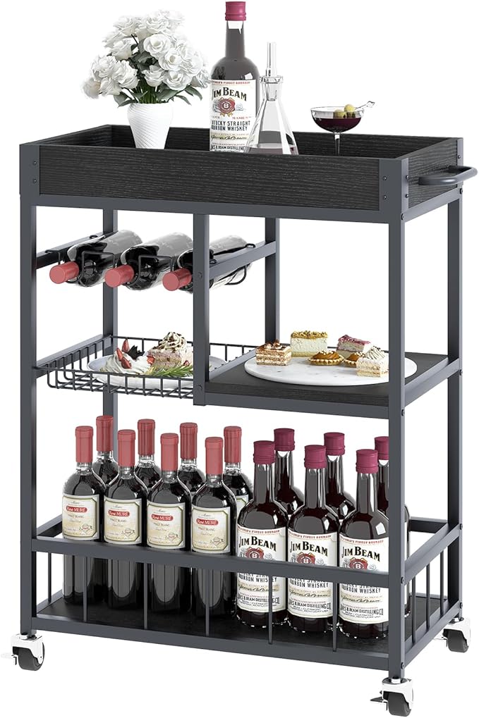Bar Cart with Basket 3 Tiers Home Rolling Wine Rack with Wheels Mobile Kitchen by EternalHome