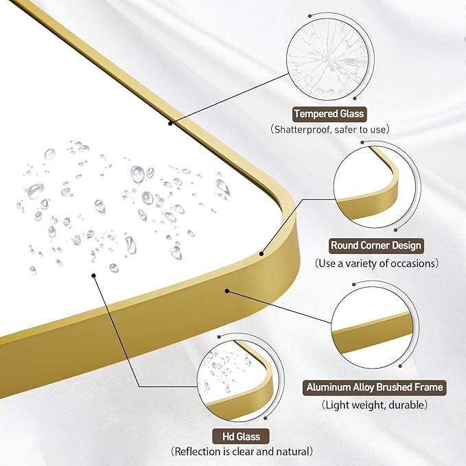 Matte Gold Mirror, 24x36 Inch Brushed Gold Mirror, Aluminum Alloy Framed Vanity - Image 3