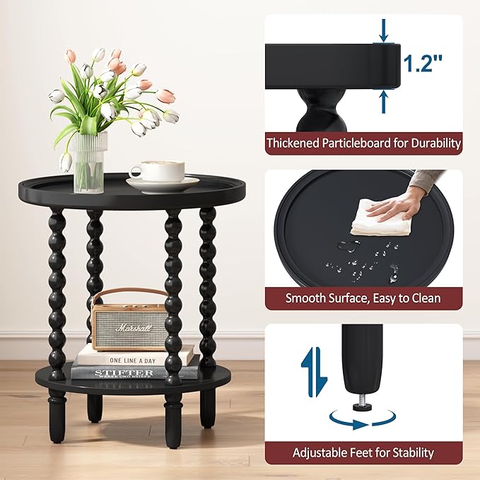 Gadroad Round End Table with Storage Shelf, 2 Tier Couch Side Table, Wood - Image 5
