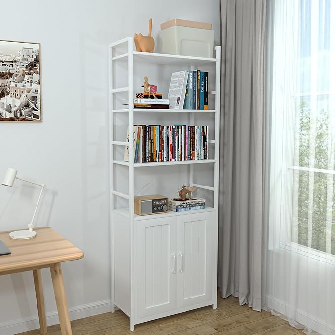 White Bookshelf with Doors, 6 Tier Book Shelf - Image 6