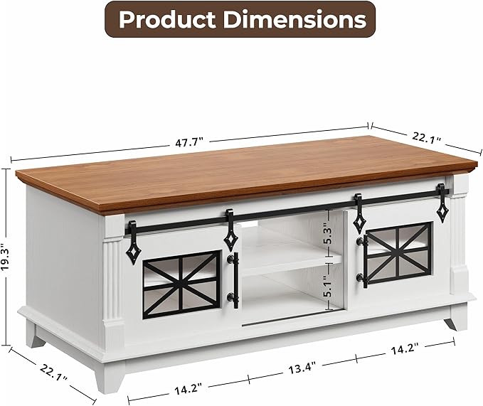 IRONCK 48'' Coffee Table with Sliding Barn Doors, Rustic Center Table with 6 - Image 2