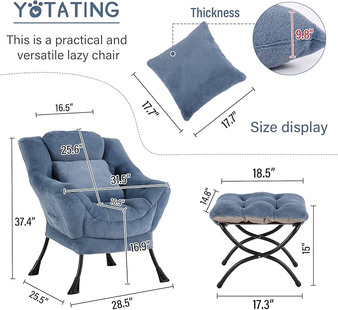 Lazy Chair with Ottoman, Comfy Reading Lounge Chair with Footstool & Throw - Image 3