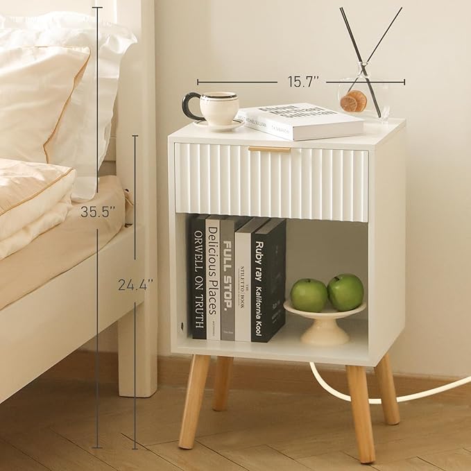 White Nightstand with Charging Station, Mid Century Modern Bedside Table with - Image 2