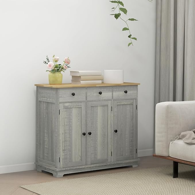 HOMCOM Sideboard with Solid Wood Countertop, Modern Kitchen Storage Cabinet - Image 8