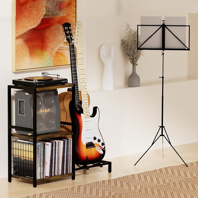 End Table with Guitar Stand, Record Player Stand, Vinyl Records Storage - Image 2