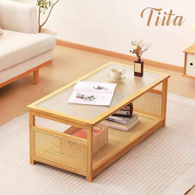 Tiita Coffee Tables for Living Room，Mid Century Modern Storage 2-Tier Coffee - Image 5