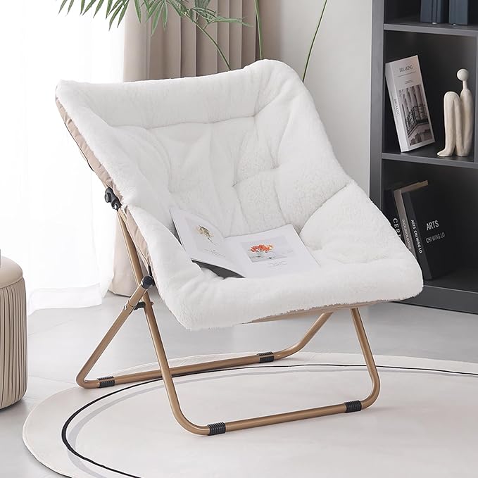 Saucer Chair, Comfy Bedroom Chairs, Oversized Folding Faux Fur Chair, Foldable - Image 6